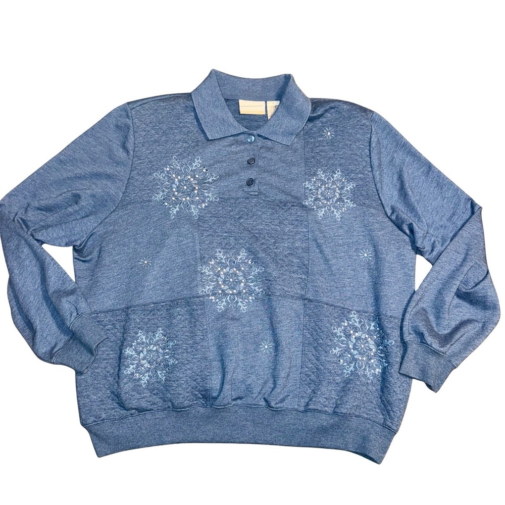 Alfred Dunner 2XL Grannycore Snow‎ Embroidered Quilted Sweatshirt Blue